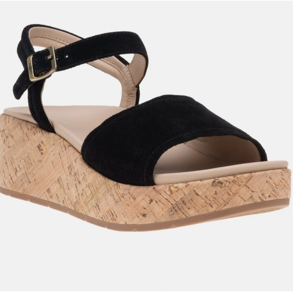 ABEO Solstice Buckle Black Suede Cork Wedge Sandals Size 9